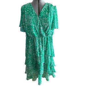 Sandra Darren Green Floral Tiered V Neck Ruffle Dress 1X  Feminine Easter Dress